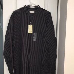 Deadstock New Pierre Cardin Black/Gray stripe NO Collar Dress Shirt 17 1/2 XL